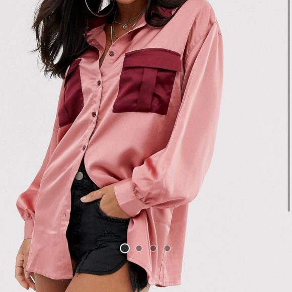 Oversized satin shirt with contrast pockets in pink UK 6 EU 34 US 2 - Picture 1 of 3